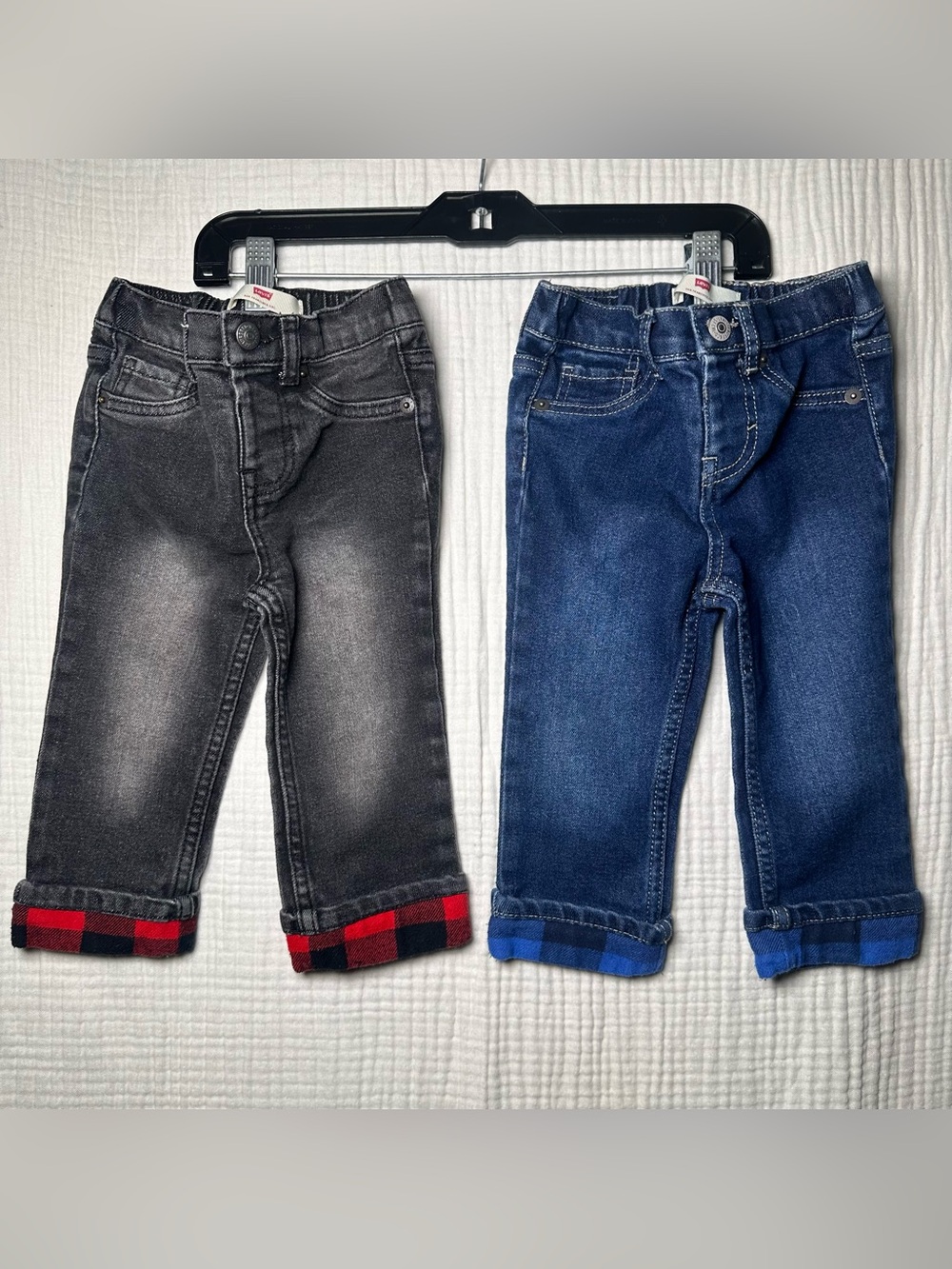 Levi’s Baby Jeans 12 Mths Rolled Cuff Elastic Pull On Red Tab Buffalo Check-TWO